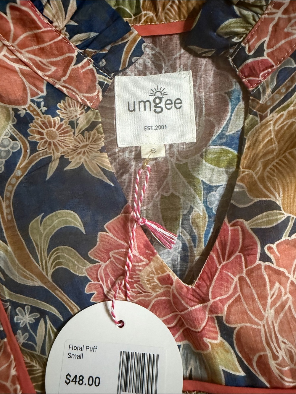 Umgee women’s Navy/Gray Floral Top - Pink & Mustard Blooms - Picture 2 of 5